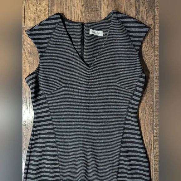 Calvin Klein Womens Size 6 Black & Gray Dual Striped Sheath Dress Cap Sleeves - Picture 2 of 15
